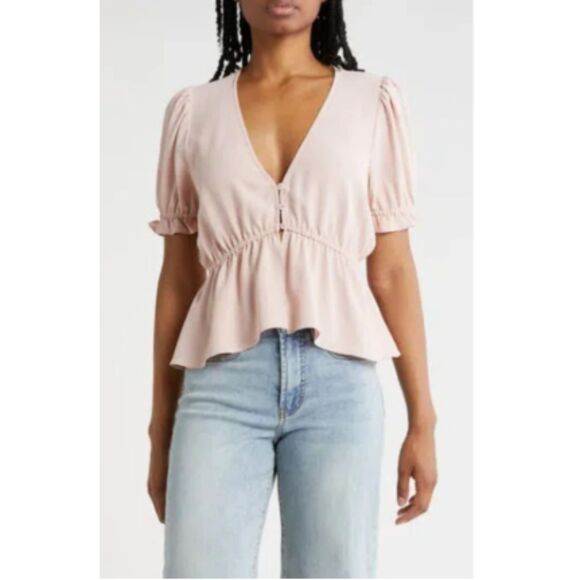 Melrose and Market Tops - Melrose‎ and Market Button Detail Puff Sleeve Top Pink, Size Large NWT